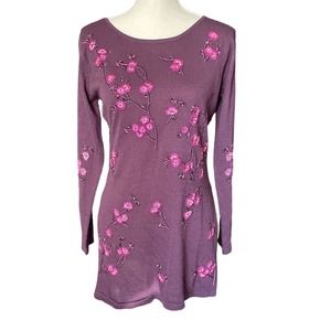 Gantos Womens Scoop Neck Embroidered Floral Sweater Long Sleeve Size S Purple